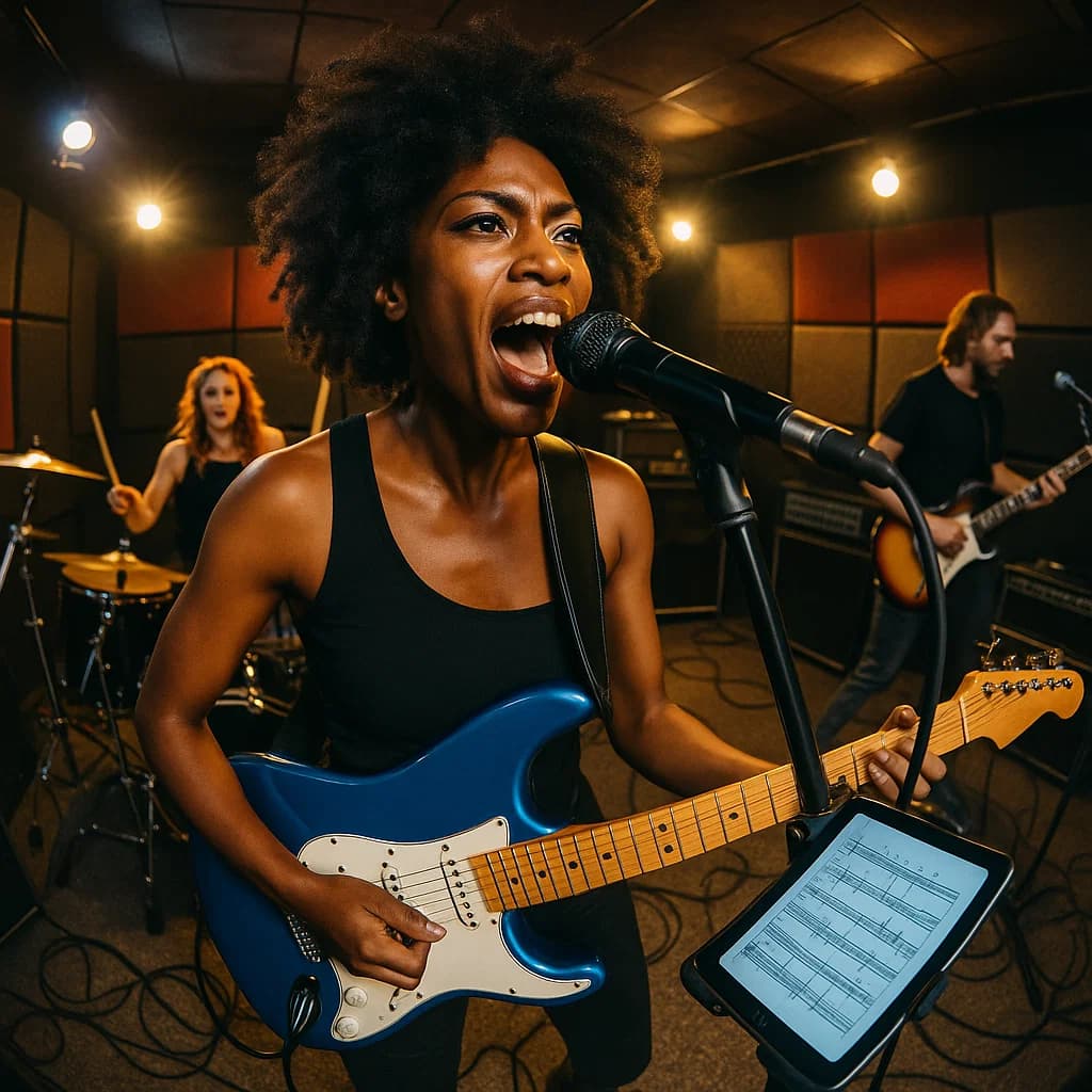 Musician performing with digital sheet music on tablet